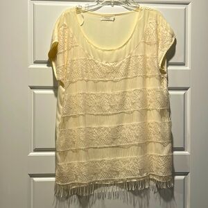 Cream Lacy fringe top. Flattering